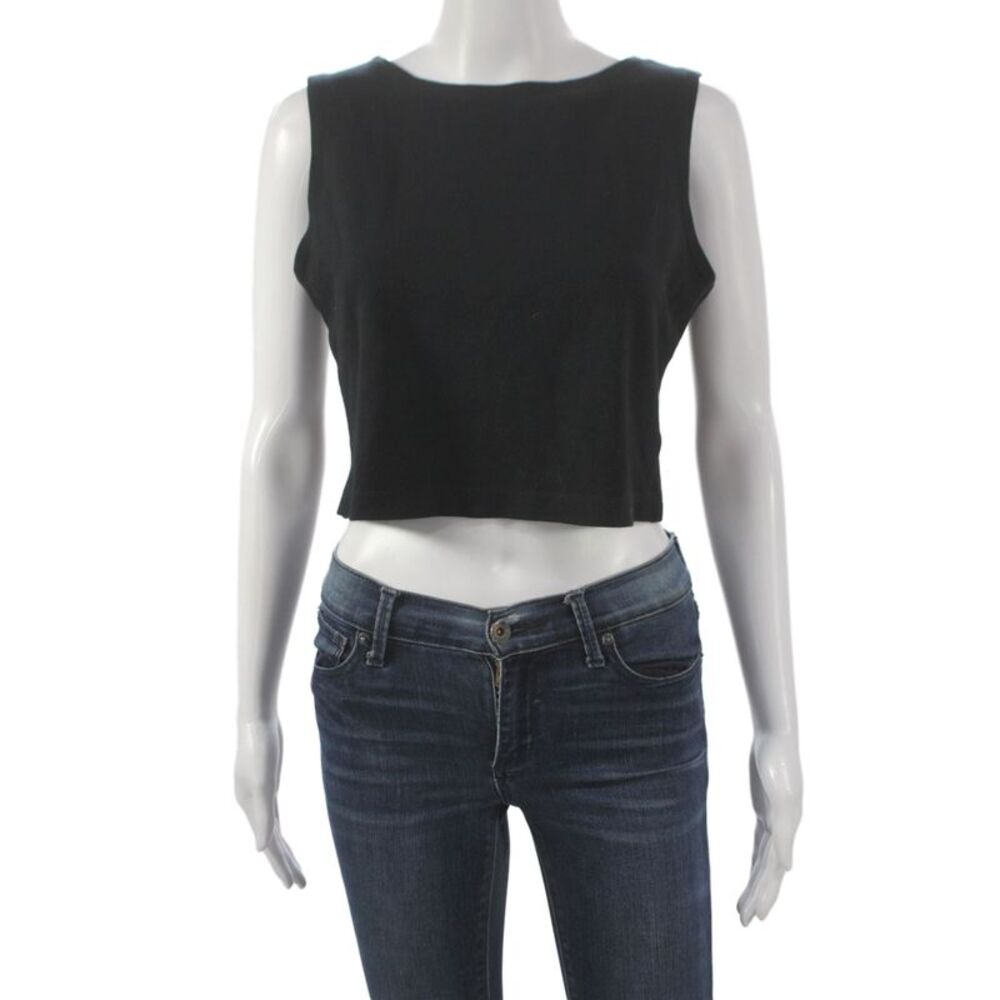 Leset Women Cropped Jersey Tank Black Crew Neck Size M